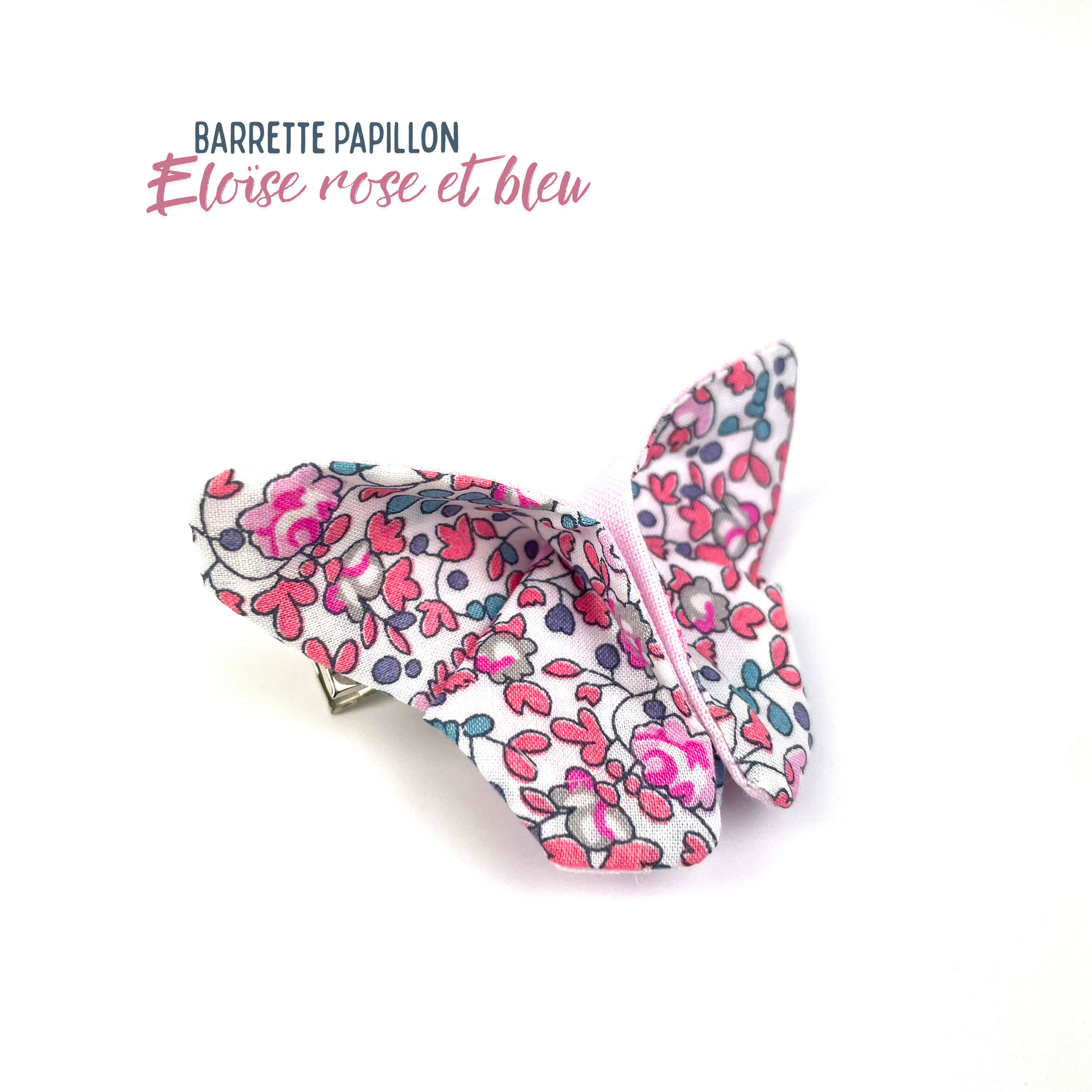 Barrette papillon Liberty "Eloïse rose et bleu"