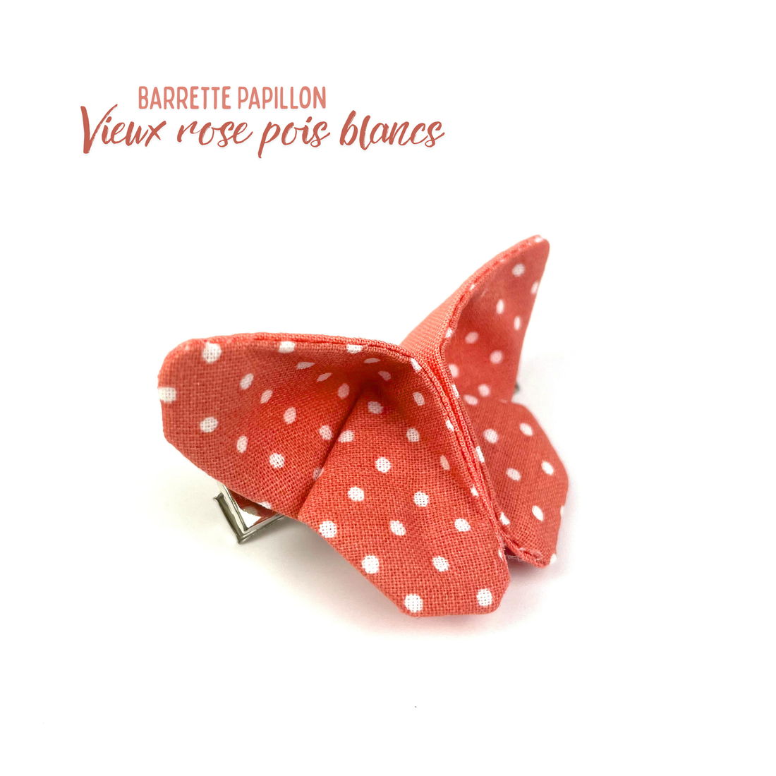 Barrette papillon Vieux rose pois blancs