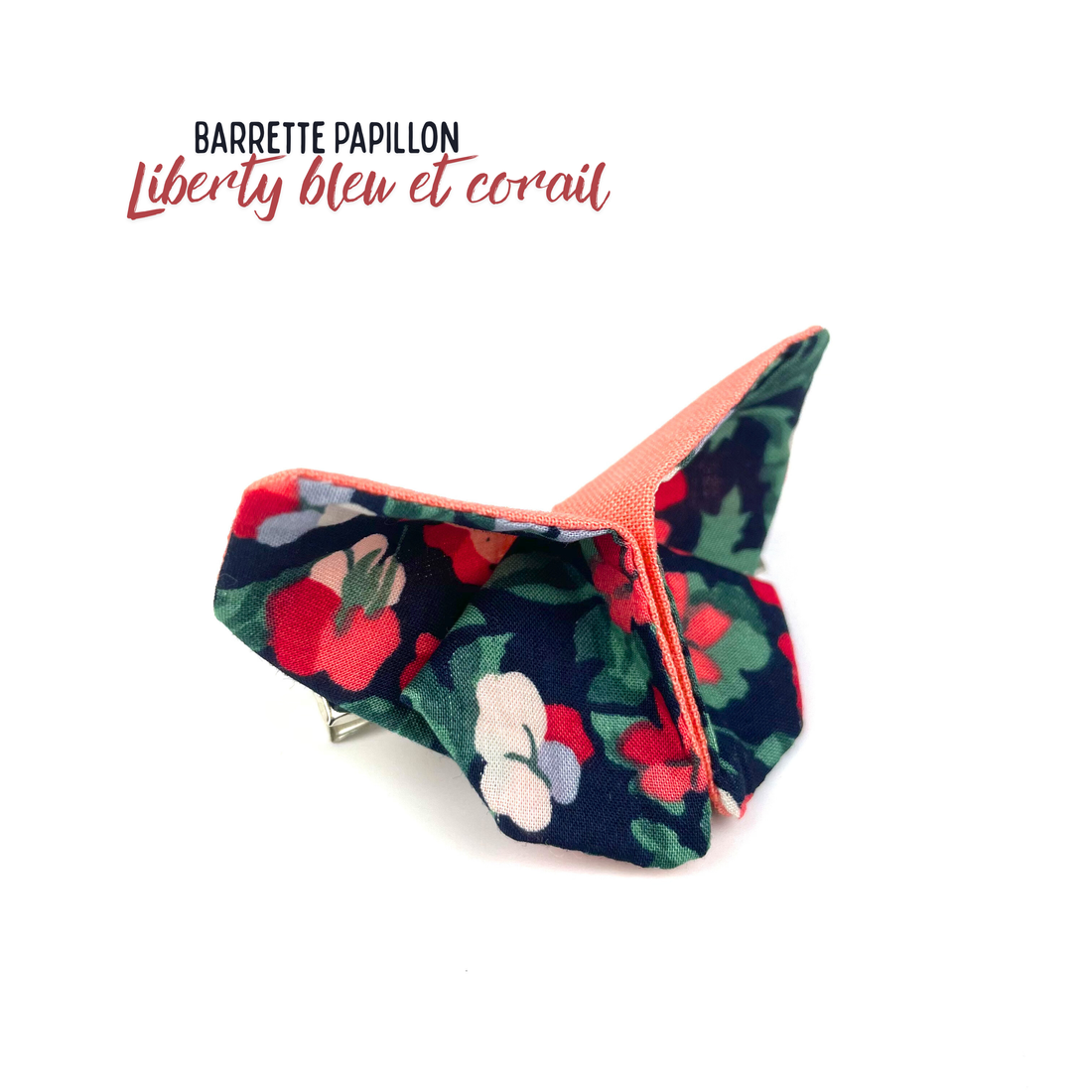 Barrette papillon Liberty "Bleu et corail"