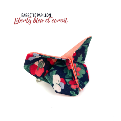 Barrette papillon Liberty "Bleu et corail"